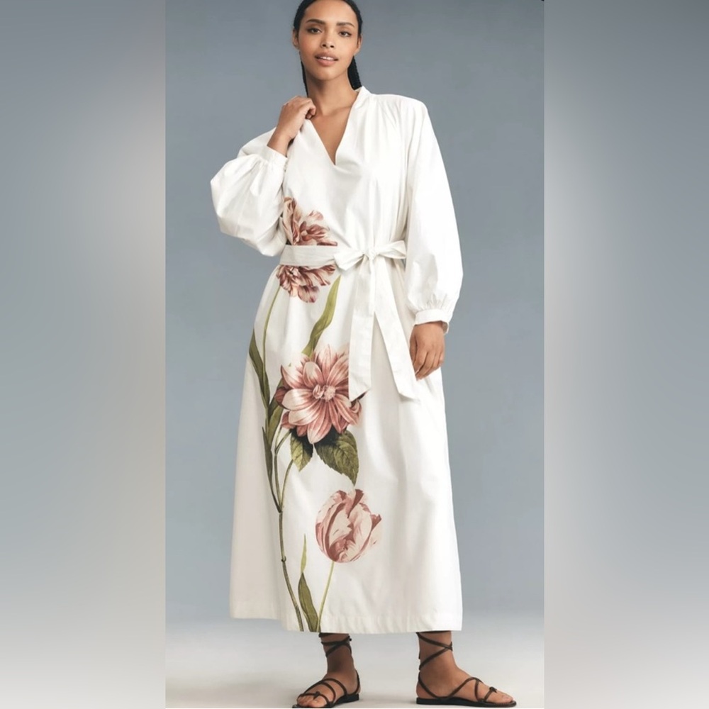 Anthropologie White Floral Long-Sleeve Maxi Dress
